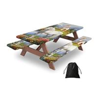 Lot de 3 housses de table de pique-nique rectangulaires avec housses de banc, motif château de cheval blanc, pour extérieur, imperméable, coupe-vent, avec bords élastiques, 183 cm