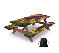 Lot de 3 housses de table de pique-nique rectangulaires avec housses de banc, motif cheval marron, tournesol, imperméable, coupe-vent, avec bords élastiques, 183 cm