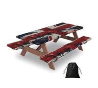 Lot de 3 housses de table de pique-nique rectangulaires avec housses de banc, motif drapeau du Royaume-Uni rétro, imperméable, coupe-vent, avec bords élastiques, 183 cm