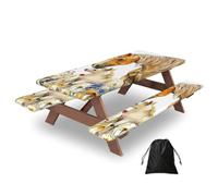 Lot de 3 housses de table rectangulaires de pique-nique avec housses de banc, motif ferme, cheval, aquarelle, fleur, nature, extérieur, imperméable, coupe-vent, avec bords élastiques, 183 cm