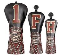 Lot de 3 housses de tête de club de golf en bois 1FH DR FW UT pour conducteur de parcours hybride avec fermeture élastique No.Tag en cuir synthétique noir squelette King