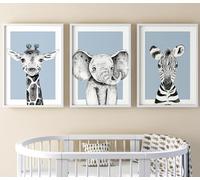 Lot de 3 impressions d'art mural sans cadre pour chambre d'enfant, motif animaux de safari, éléphant, girafe, zèbre, fond bleu (30,5 x 40,6 cm)