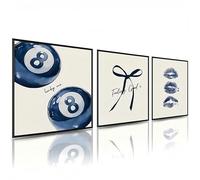 Lot de 3 impressions d'art mural tendance Coquette bleue, 8 balles, lèvres, nœud, images pour adolescentes, filles, dortoir, sans cadre (20 x 25 cm)