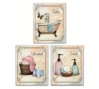 Lot De 3 Impressions D'Art Rétro Pour Baignoire Spa, Décoration Murale Sur Le Thème De La Relaxation Et Du Spa, Style Vintage Avec Des Touches De Bleu, Décoration Artistique 30X40Cmx3Pcs Sans Cadre