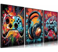 Lot de 3 impressions en peinture à l'aquarelle sur toile - Manette de jeu vidéo rétro - Couleurs néon - Pour chambre de garçons, chambre d'enfant, décoration d'intérieur - 40 x 60 cm - Sans cadre