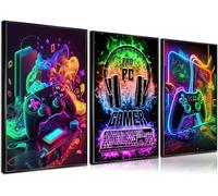 Lot de 3 impressions en peinture à l'aquarelle sur toile - Manette de jeu vidéo rétro - Couleurs néon - Pour chambre de garçons, chambre d'enfant, décoration d'intérieur - 30 x 40 cm