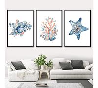 Lot de 3 impressions sur toile aquarelle baleine, corail, étoile de mer, décoration murale sans cadre, 30 x 40 cm
