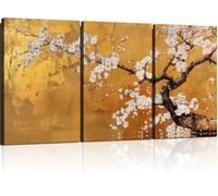 Lot de 3 impressions sur toile de fleurs de prunier dorées japonaises - Décoration murale traditionnelle sur bois - Style rustique - Pour chambre à coucher, salon, bureau - Sans cadre - 20,3 x 30,5 cm