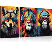 Lot de 3 impressions sur toile de graffiti animalier, images avec écouteurs, lunettes de soleil, gorille, tigre, loup, gamer, peintures graffiti colorées pour adolescents, décoration murale encadrée