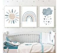 Lot de 3 impressions sur toile pour chambre d'enfant, motif nuage arc-en-ciel bleu, soleil, arc-en-ciel, affiches murales bohèmes nordiques pour décoration murale de chambre de garçons, bébés et
