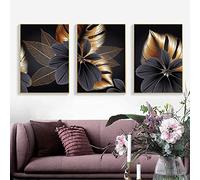 Lot de 3 impressions sur toile pour salon, chambre à coucher, motif abstrait noir et feuille d'or, sans cadre, 60 x 90 cm x 3