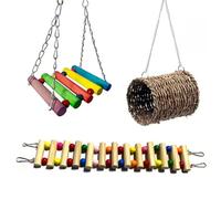 Lot de 3 jouets en bois pour perroquet - Échelle en bois - Jouet balançoire en herbe naturelle tissée - Jouet à suspendre pour petites perruches, calopsittes, conures, aras, perroquets - Accessoires