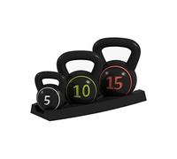 SPORTNOW Lot de 3 kettlebells 5, 10 et 15kg poignée antidérapante entraînement sport fitness avec plateau de rangement noir