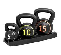 Lot de 3 kettlebells 2,2, 4,5 et 6,8 kg SPORTNOW poignée antidérapante - entraînement sport fitness avec plateau de rangement noir