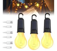 Lot de 3 lampes de camping rechargeables - Lumière solaire de camping - Lampe de camping LED - Luminosité réglable - 3 modes d'éclairage - Lampe de camping avec mousqueton - Pour le camping, les