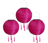 Lot de 3 lampions solaires d'extérieur résistants aux intempéries - Lampion solaire à LED - Étanche - Avec pompon - Lampes solaires à suspendre - En papier - 20 cm - Rose