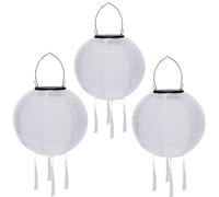 Lot de 3 lampions solaires d'extérieur résistants aux intempéries - Lanterne solaire à LED - Étanche - Avec pompon - Lampes solaires à suspendre - En papier - 20 cm - Blanc