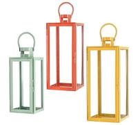 Lot de 3 lanternes - Vert/orange/jaune - 3 tailles - En métal et verre - Avec anse - Pour bougies ou lanterne de jardin LED - Bougeoir