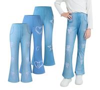 Lot de 3 leggings pour filles imitation denim imprimé leggings extensibles pour enfants pantalons évasés pour filles pantalon pleine longueur, Lot de 3 cœurs évasés + nœud + étoile, 7-8 ans Slim