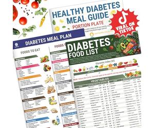 Lot de 3 listes d'aliments pour diabète, brochure imprimable sur le tableau d'information sur le diabète, vitamine faible en glucides, planificateur de repas pour diabétiques de type 1 avec taille de