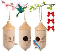 lot de 3 maisons de colibri en bois pour l'extérieur avec matériel de nidification et ruban rouge pour faire son nid, cadeaux de jardin, décoration de la maison, protection des oiseaux sauvages