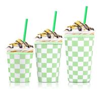 Lot de 3 manchons à café glacé pour tasses de grande taille, porte-gobelet en néoprène réutilisable pour boissons chaudes et froides, compatible avec Starbucks, Dunkin Donuts et plus encore (carreaux