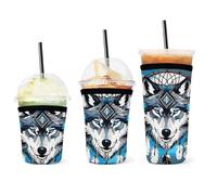 Lot de 3 manchons réutilisables pour café glacé motif attrape-rêves de loup indigène, manchon isolant pour boissons froides, porte-gobelet en néoprène facile à nettoyer