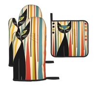 Lot de 3 maniques et maniques en forme de chat d'art moderne du milieu du siècle - Gants de four à micro-ondes isolés imprimés en 3D pour cuisine, pâtisserie, barbecue, grillades