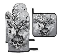 Lot de 3 maniques et maniques en forme de tête de mort d'Halloween - Essentiels de cuisine, tissu durable résistant à la chaleur - Dessous de verre pour la cuisine et la pâtisserie