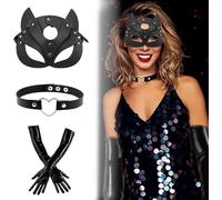 Lot de 3 masques Catwoman pour femme - Masque de chat - Masque de chat sexy pour femme - Pour les fêtes costumées, les fêtes de carnaval, le cosplay - Avec 1 paire de gants en cuir - 1 collier ras du