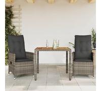 Lot de 3 meubles de bistrot avec coussins - Gris rotin - Fauteuil de jardin avec dossier réglable - Table d'appoint en bois d'acacia - Housses de coussin amovibles