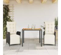 Lot de 3 meubles de jardin avec coussins, noir en rotin PE, dossier réglable et repose-pieds, table d'appoint en bois d'acacia, assise confortable avec coussins épais, amovible