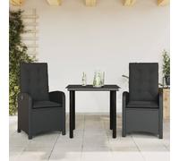 Lot de 3 meubles de jardin en rotin PE noir avec coussins, dossier réglable et table d'appoint avec plateau en verre