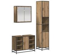 Lot de 3 meubles de salle de bain 65 x 20 x 60 cm en chêne artisanal | Matériau en bois avec pieds en métal, poignées de barre noires, cinq portes, montage mural, charge maximale de 180 kg