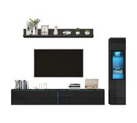 Lot de 3 meubles de salon avec éclairage LED, noir brillant, meuble de salon pour TV jusqu'à 200 cm, meuble mural moderne avec vitrine et étagère suspendue, portes hydrauliques, contrôle par