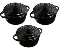 Lot de 3 Mini Cocottes Noire Céramique Double Poignées avec Couvercle 13,5cm x 8cm Contenance Moule 200ml Ramequin Résistant Haute Température Four pour Petits Plats (Noir, Lot de 3) …