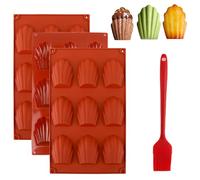 Lot de 3 Moule Madeleine Silicone, Silicone Moulle de Madeleines Cuisson à 9 Trous Forme de Coquille Antiadhésifs Madeleine Plaque Pâtisserie avec Brosse pour Gâteau, Chocolat, Muffin Rouge Brique
