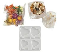 Lot de 3 moules en silicone en forme de cœur - Moule en résine époxy 3D avec fleurs séchées et feuille d'or - Kit complet pour bricolage en résine - Moule à moulage pour cadeau de Saint-Valentin et