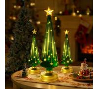 Lot de 3 Night Starry Trees, Lighted Sparkling Starry Night Glass Tree, Sapins de Noël Lumineux en Verre Dégradé, Résine Faire De Noël avec des Lumières, pour Salon, Fête, Table, Chambre,Couloir(Vert