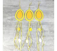 Lot de 3 Oeufs en Bois Jaune, Longueur 40 cm, avec Rubans et Perles, déco Porte pâques à Suspendre