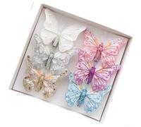 Lot de 3 ou 6 papillons décoratifs 3D à paillettes avec double couche effet irisé pour décoration de sapin de Noël et affichage saisonnier (ensemble C)