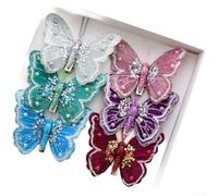 Lot de 3 ou 6 papillons décoratifs 3D à paillettes en plastique, conçus pour la décoration de sapin de Noël et le style saisonnier avec effet bicolore scintillant (ensemble B)