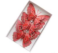 Lot de 3 ou 6 papillons décoratifs 3D à paillettes en plastique pour décoration de sapin de Noël et accessoires pour cheveux avec double couche irisée (rouge)