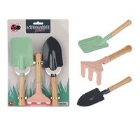 Lot de 3 outils de jardin pour enfants sur carte avec poignées en bois, pelle, bêche, râteau, 15-21 cm
