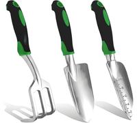 Lot de 3 outils de jardin robustes en fonte d'aluminium avec truelle manuelle, truelle de transplantation, râteau de culture, poignée ergonomique antidérapante en caoutchouc souple (vert)