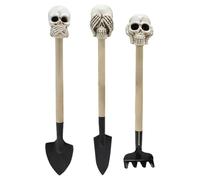 Lot de 3 outils de jardinage gothiques en forme de tête de mort - Outils de jardin en fer - Kit de nettoyage portable pour grasses avec poignée antidérapante - Râteau et pelle pour l'entretien