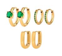 Lot de 3 paires de boucles d'oreilles créoles classiques non répétitives avec strass verts pour femmes et filles, idéales pour la vie quotidienne, les fêtes, les anniversaires, Noël, 3Pairs/Set, Acier