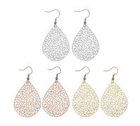 Lot de 3 paires de boucles d'oreilles creuses en forme de feuille - Boucles d'oreilles rétro pour femme - Pendentifs plaqués or - Convient pour les fêtes, le port quotidien, etc. (or, argent, or