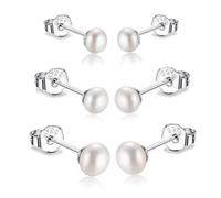 Lot de 3 paires de boucles d'oreilles en argent 925 avec perles blanches et perles d'eau douce, 3mm + 4mm + 5mm, Argent sterling, Pas de pierre précieuse