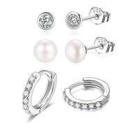 Lot de 3 paires de boucles d'oreilles pour 3 oreilles percées en argent 925 véritable - Perles d'eau douce - Boucles d'oreilles créoles en zircone - Sans nickel, 9 mm ring med 6 mm pärlor, Zircone
